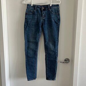 (2for$10) MIUJA Blue Skinny Jeans — Dark Wash with Bejewelled Button Detail